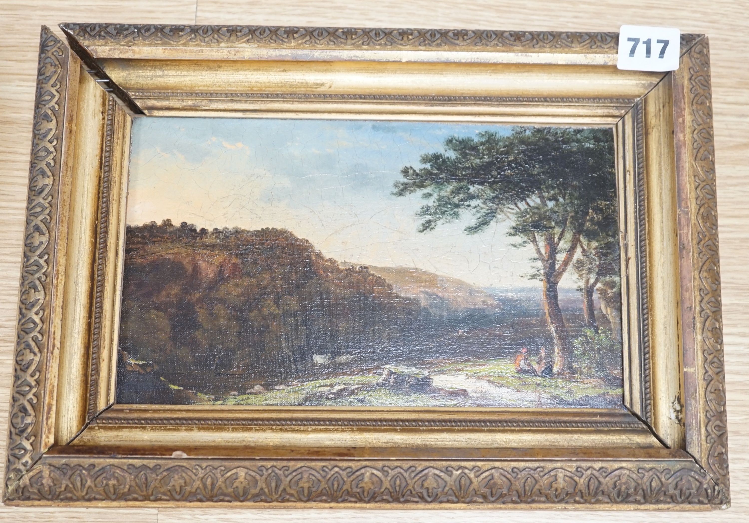 English school (2nd half 19th century), oil on canvas, figures in a river landscape scene, 15 cm X 25 cm